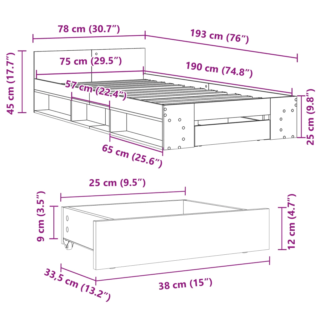 Letto singolo | Letto per adulti | Giroletto con Cassetto Rovere Fumo 75x190 cm Legno Multistrato - Image 10