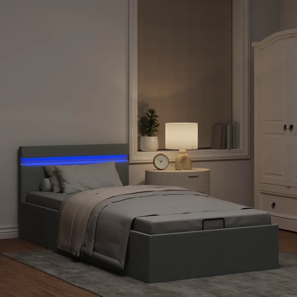 Letto singolo | Letto per adulti | Giroletto con Contenitore e LED Grigio Chiaro Tessuto 90x200 cm - Image 5