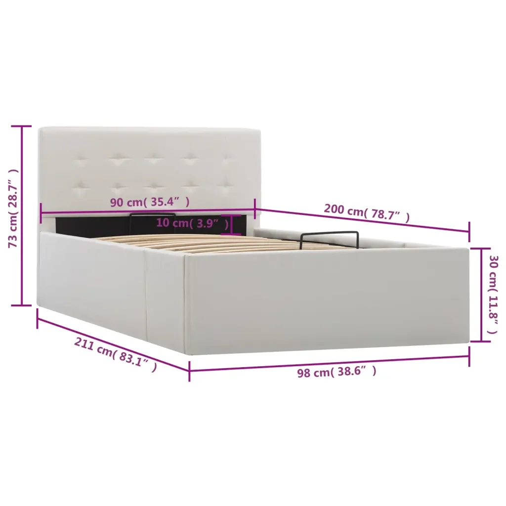 Letto singolo | Letto per adulti | Giroletto con Contenitore Idraulico Bianco Similpelle 90x200cm - Image 10