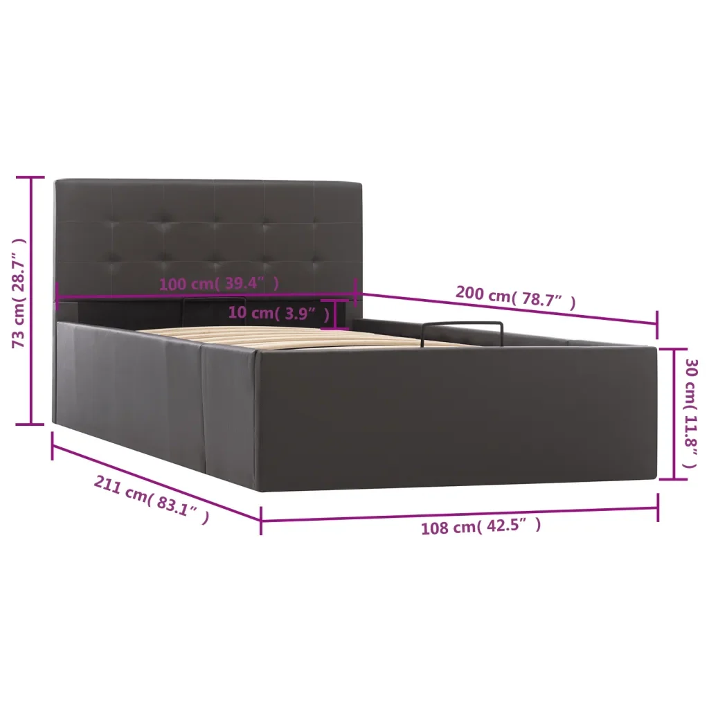 Letto singolo | Letto per adulti | Giroletto con Contenitore Idraulico Grigio Similpelle 100x200cm - Image 10