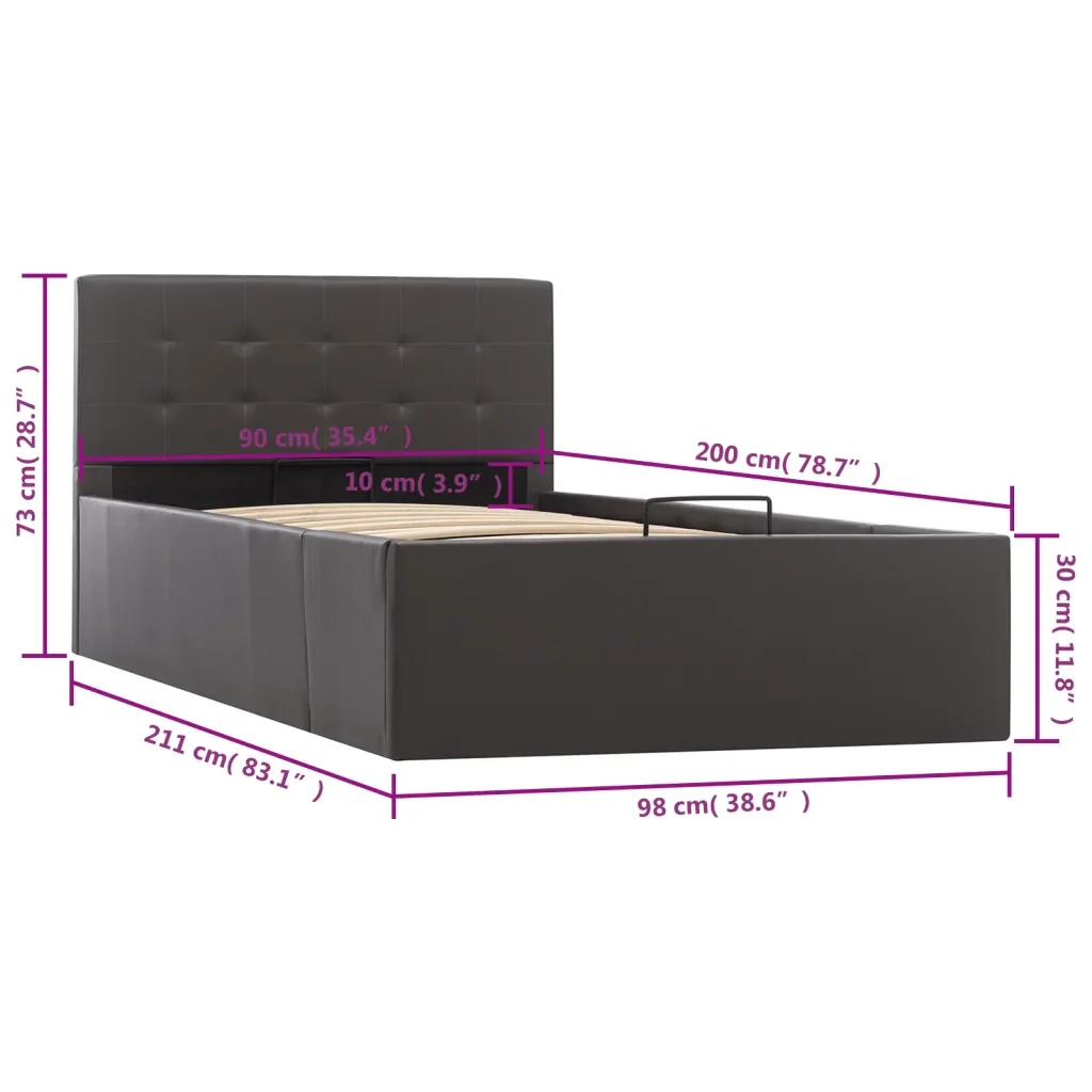 Letto singolo | Letto per adulti | Giroletto con Contenitore Idraulico Grigio Similpelle 90x200cm - Image 10