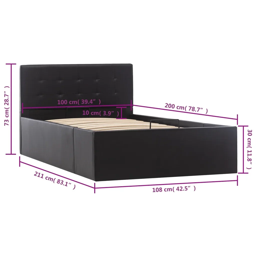 Letto singolo | Letto per adulti | Giroletto con Contenitore Idraulico Nero Similpelle 100x200cm - Image 10