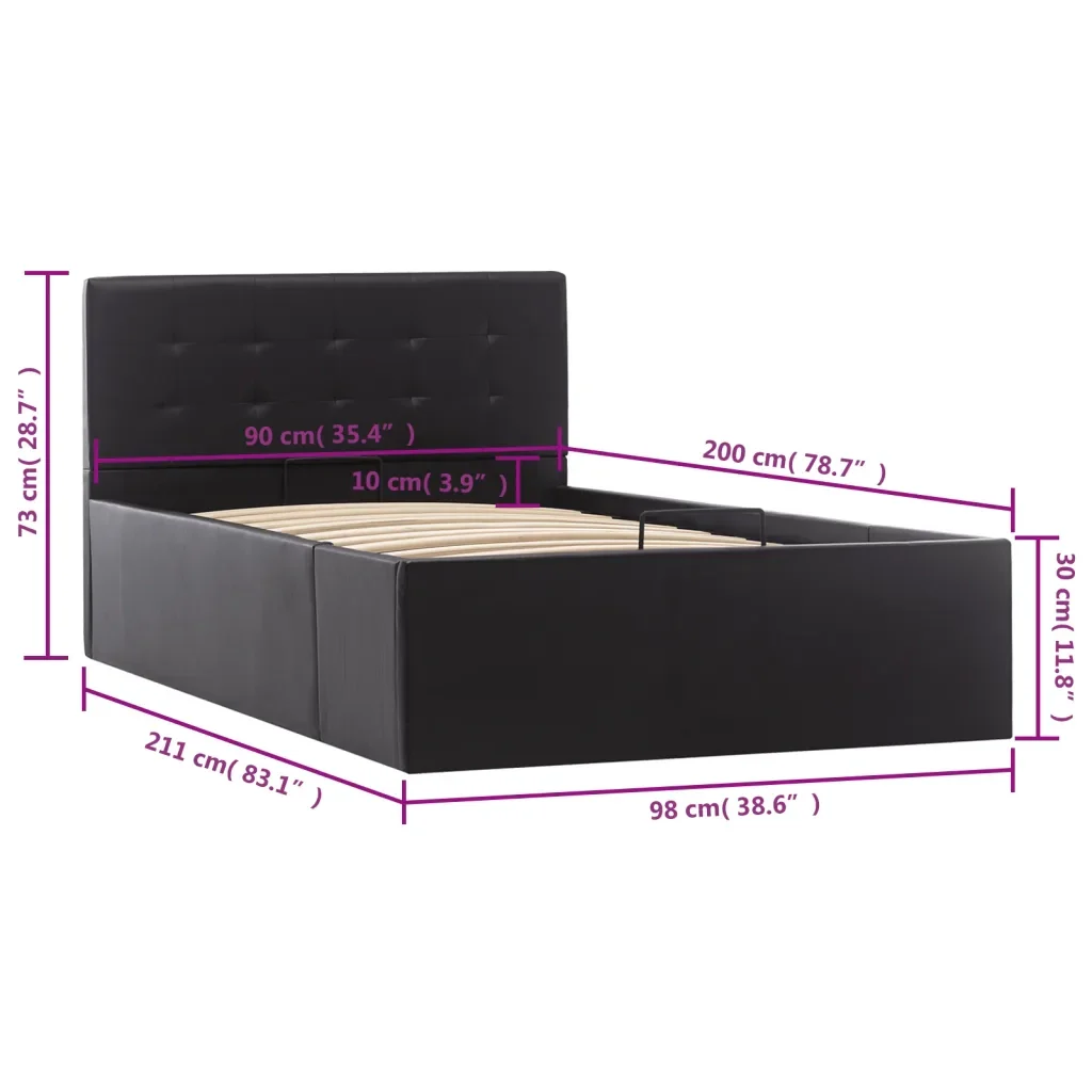 Letto singolo | Letto per adulti | Giroletto con Contenitore Idraulico Nero Similpelle 90x200cm - Image 10