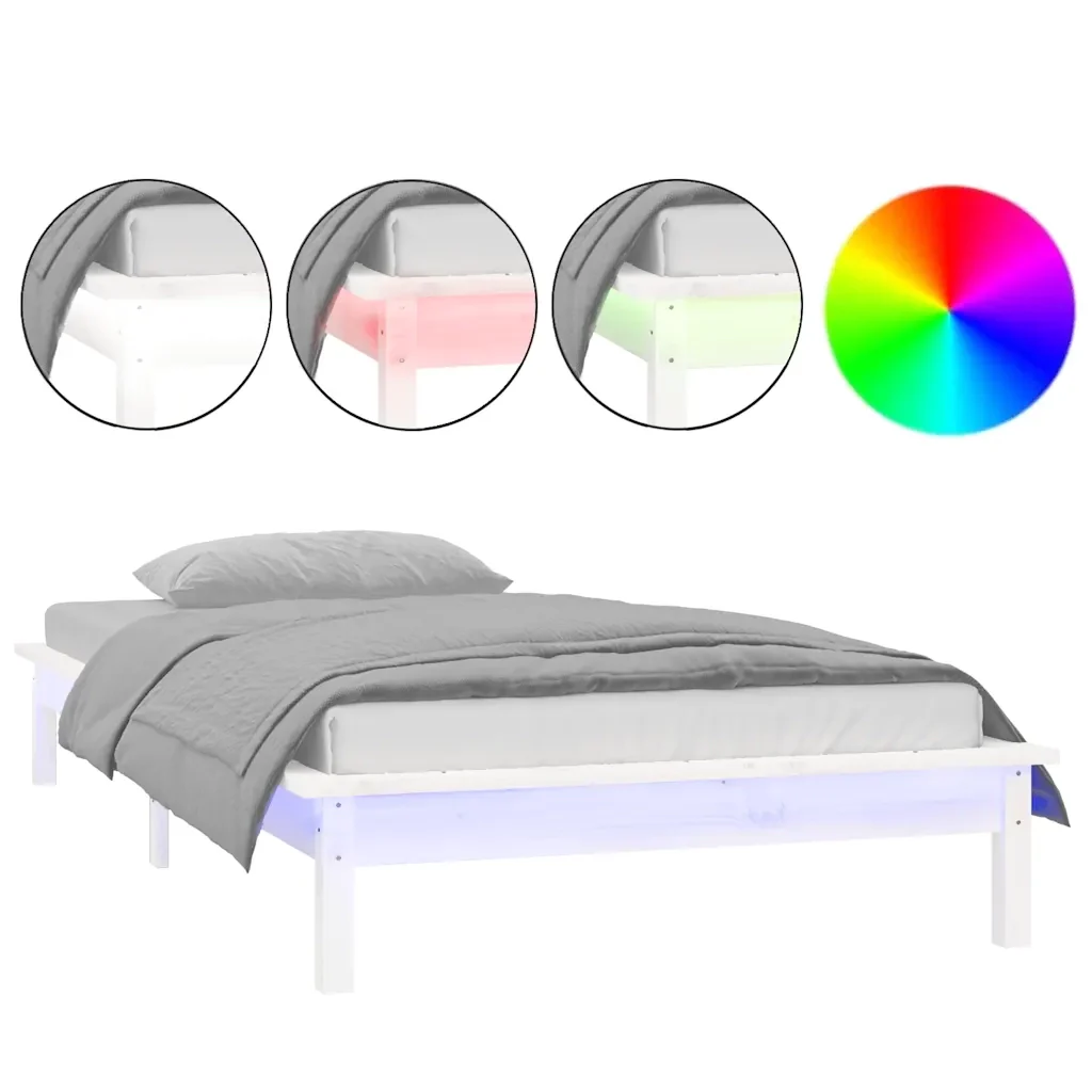 Letto singolo | Letto per adulti | Giroletto con LED Bianco 90x190 cm Single in Legno Massello