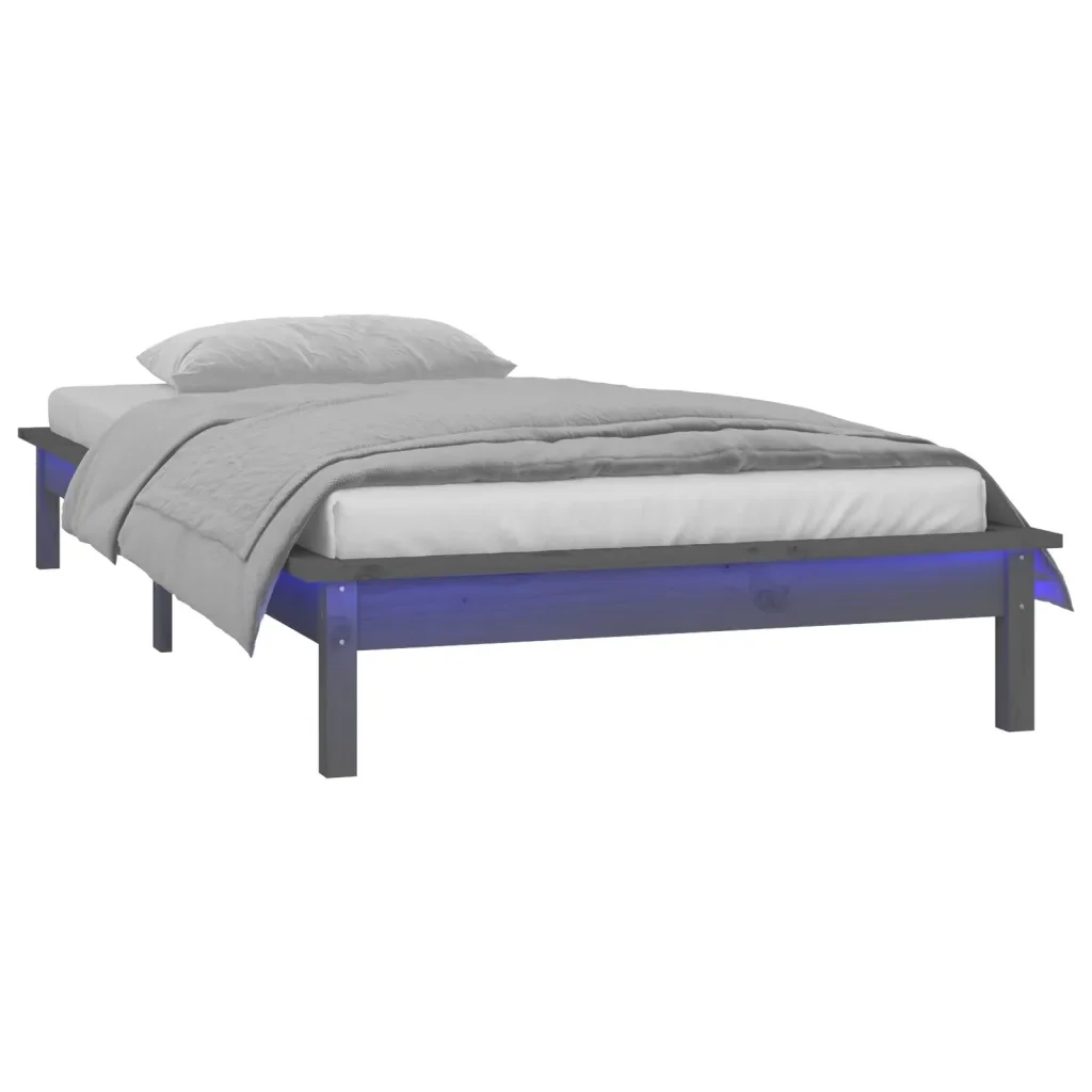 Letto singolo | Letto per adulti | Giroletto con LED Grigio 90x200 cm in Legno Massello - Image 3