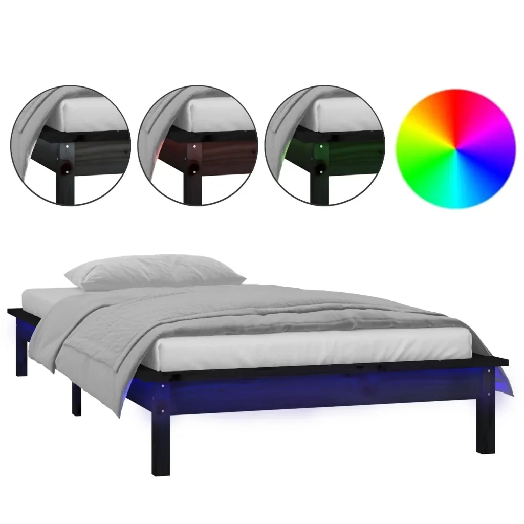 Letto singolo | Letto per adulti | Giroletto con LED Nero 90x200 cm in Legno Massello