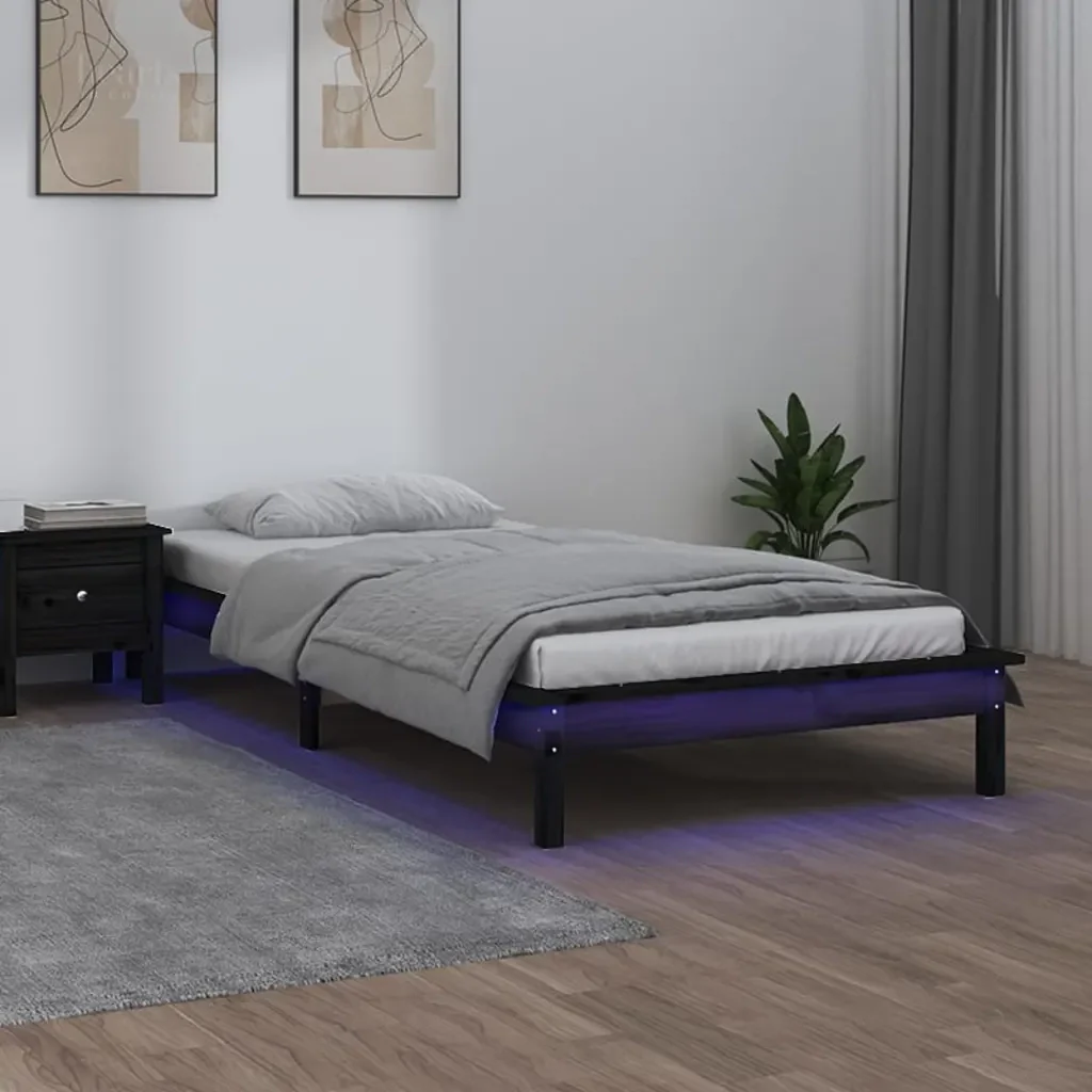Letto singolo | Letto per adulti | Giroletto con LED Nero 90x200 cm in Legno Massello - Image 2