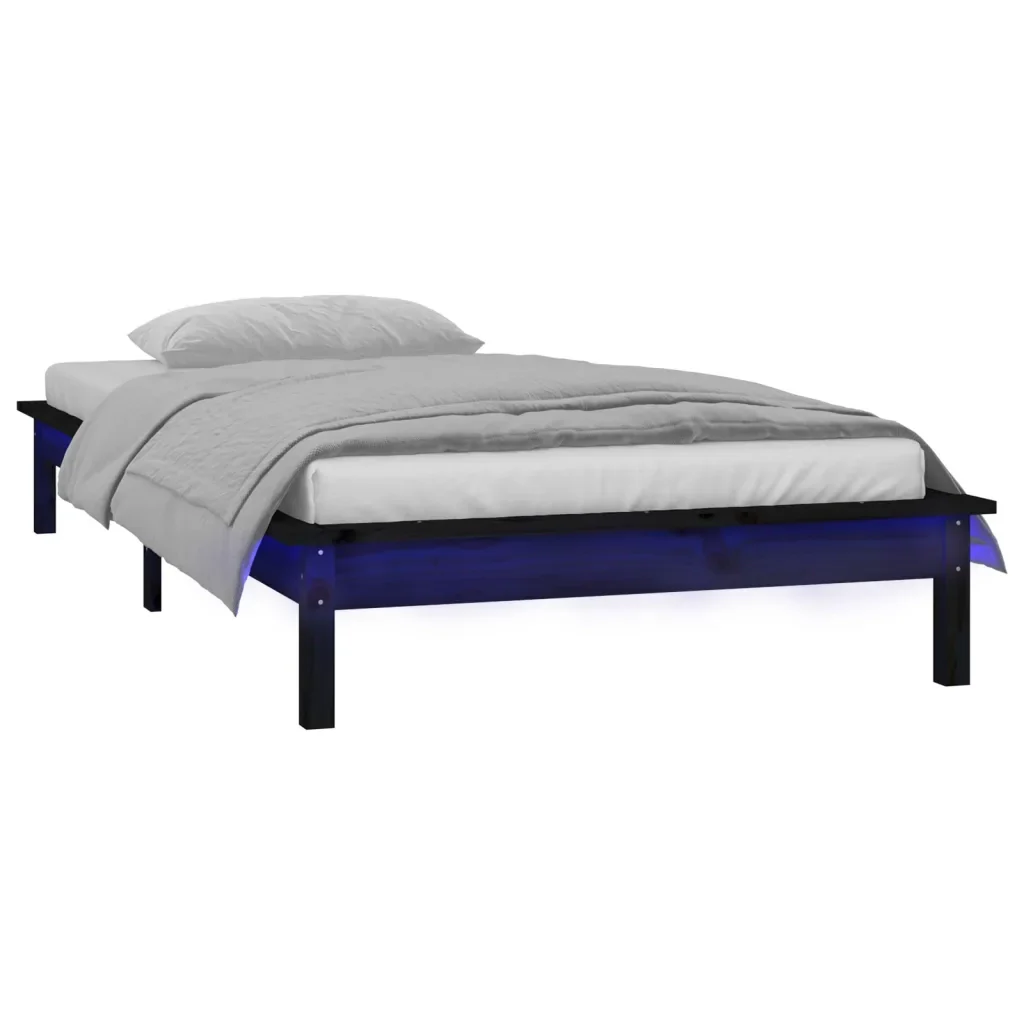 Letto singolo | Letto per adulti | Giroletto con LED Nero 90x200 cm in Legno Massello - Image 4