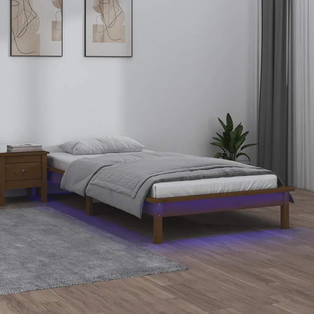 Letto singolo | Letto per adulti | Giroletto con LED senza Materasso Ambra 90x200cm Legno Massello - Image 2
