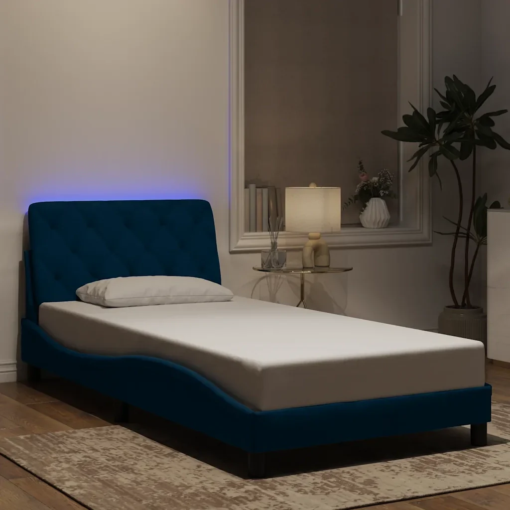 Letto singolo | Letto per adulti | Giroletto con LED senza Materasso Blu 100x200 cm in Velluto - Image 2