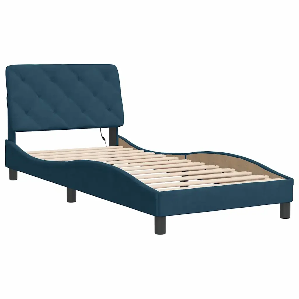 Letto singolo | Letto per adulti | Giroletto con LED senza Materasso Blu 90x190 cm in Velluto - Image 3