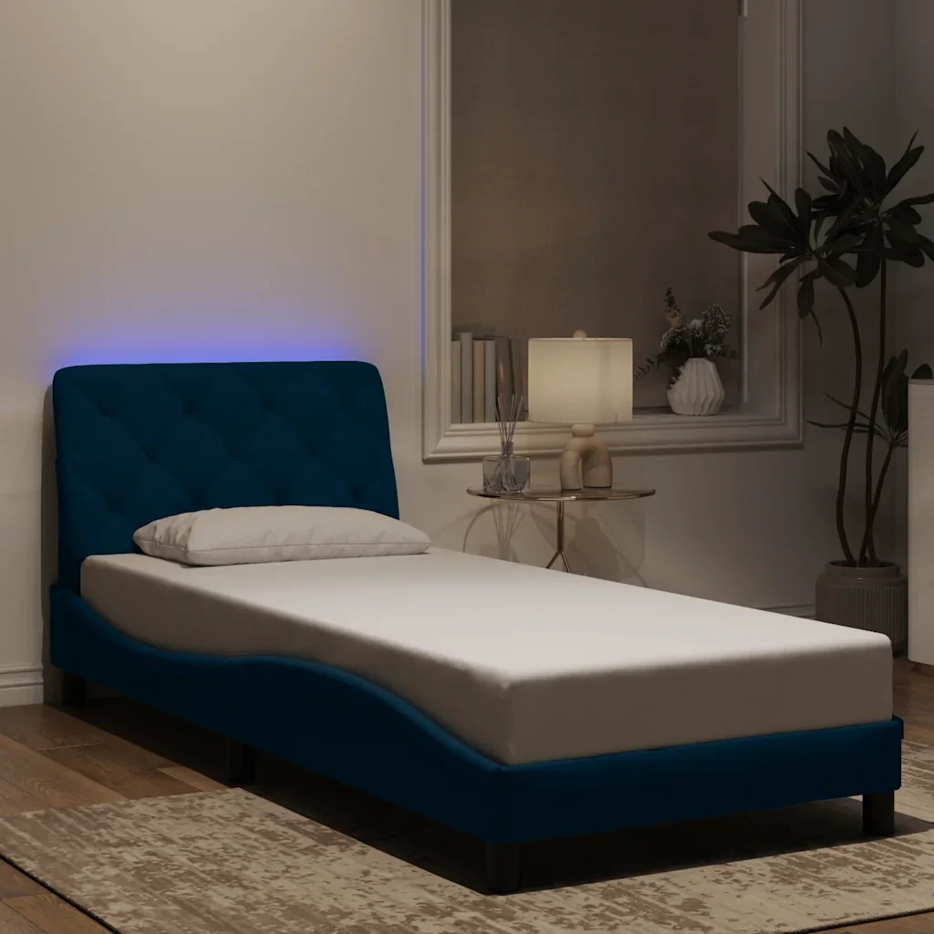 Letto singolo | Letto per adulti | Giroletto con LED senza Materasso Blu 90x200 cm in Velluto - Image 2