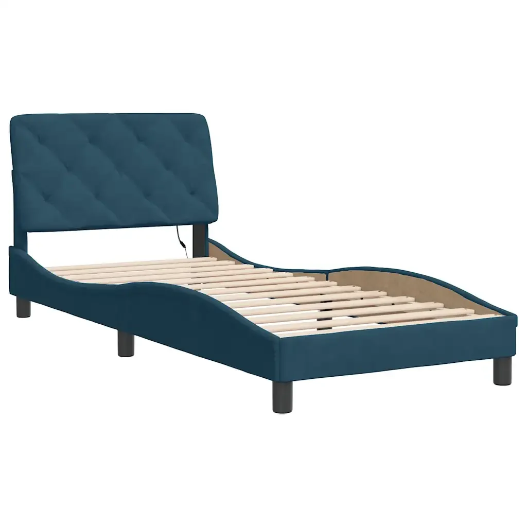 Letto singolo | Letto per adulti | Giroletto con LED senza Materasso Blu 90x200 cm in Velluto - Image 3