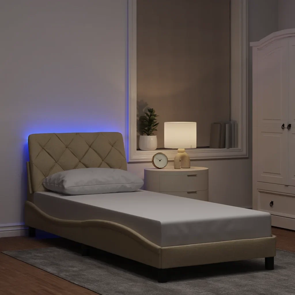 Letto singolo | Letto per adulti | Giroletto con LED senza Materasso Crema 80x200 cm in Tessuto - Image 2