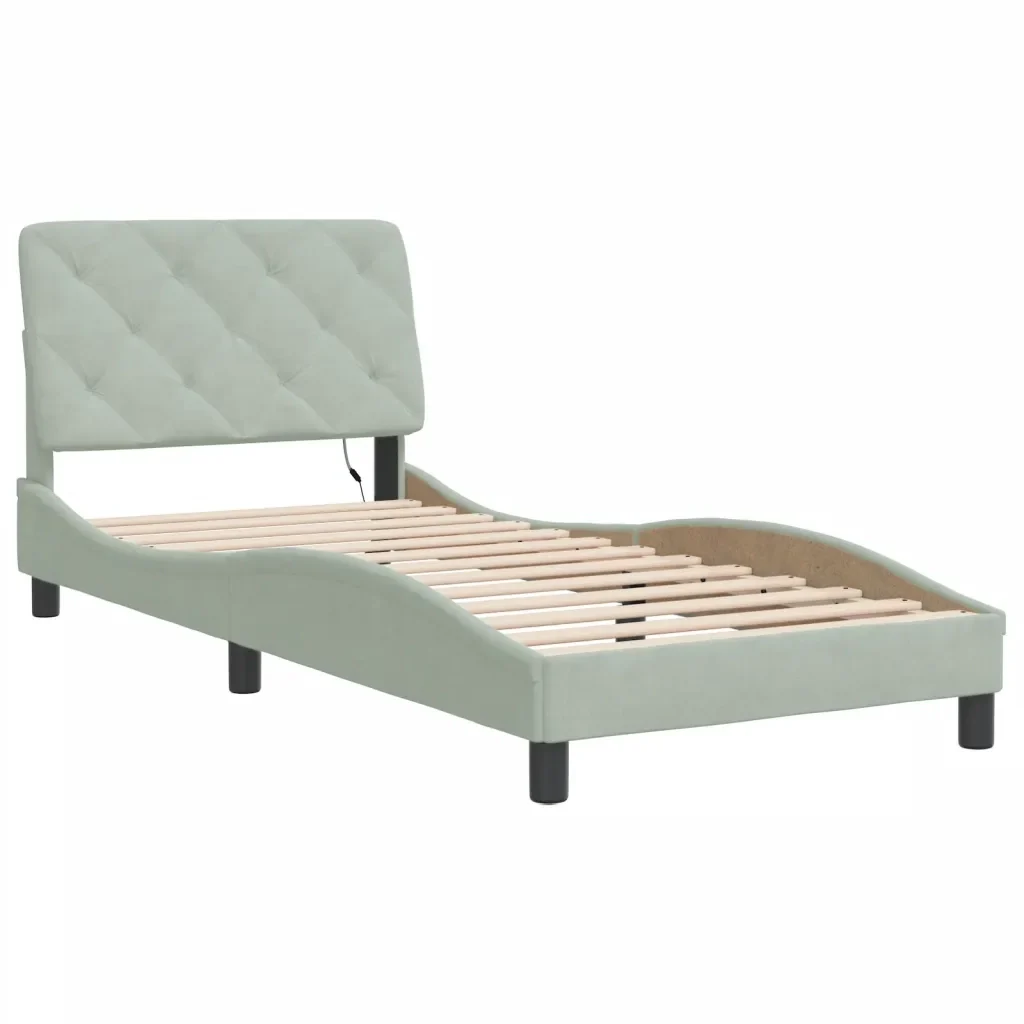 Letto singolo | Letto per adulti | Giroletto con LED senza Materasso Grigio Chiaro 80x200 cm in Velluto - Image 3