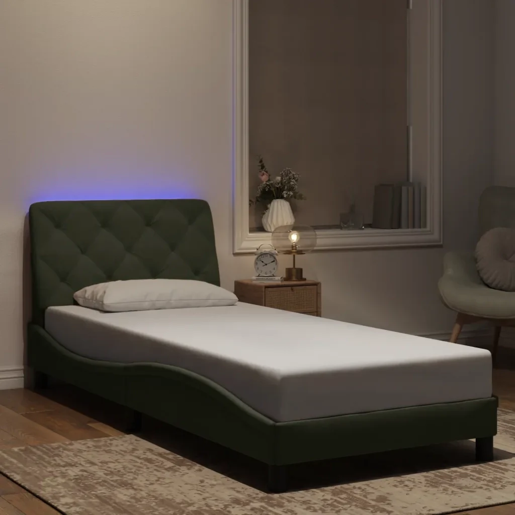 Letto singolo | Letto per adulti | Giroletto con LED senza Materasso Grigio Chiaro 90x190 cm in Velluto - Image 2