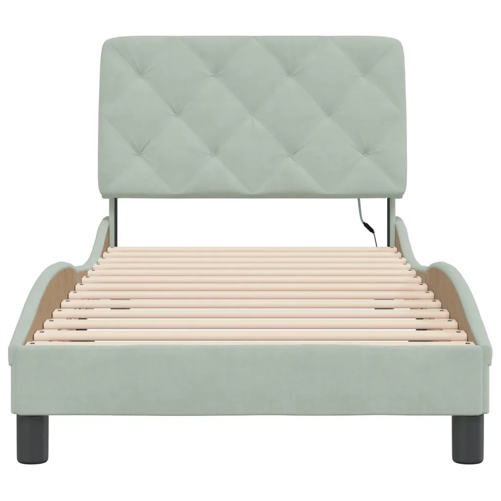 Letto singolo | Letto per adulti | Giroletto con LED senza Materasso Grigio Chiaro 90x190 cm in Velluto - Image 6