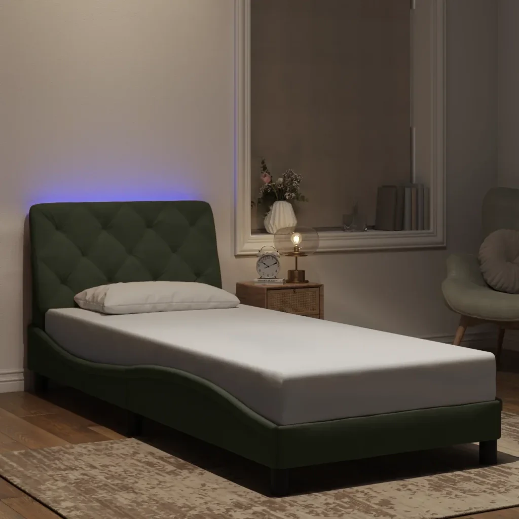Letto singolo | Letto per adulti | Giroletto con LED senza Materasso Grigio Chiaro 90x200 cm in Velluto - Image 2