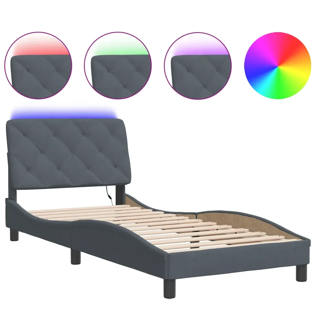 Letto singolo | Letto per adulti | Giroletto con LED senza Materasso Grigio Scuro 80x200 cm in Velluto