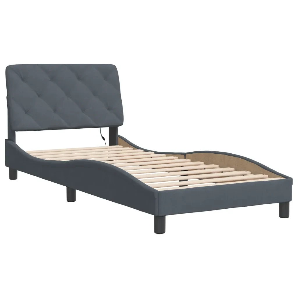Letto singolo | Letto per adulti | Giroletto con LED senza Materasso Grigio Scuro 90x190 cm in Velluto - Image 4
