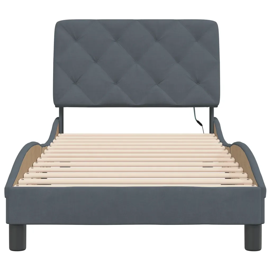 Letto singolo | Letto per adulti | Giroletto con LED senza Materasso Grigio Scuro 90x190 cm in Velluto - Image 6