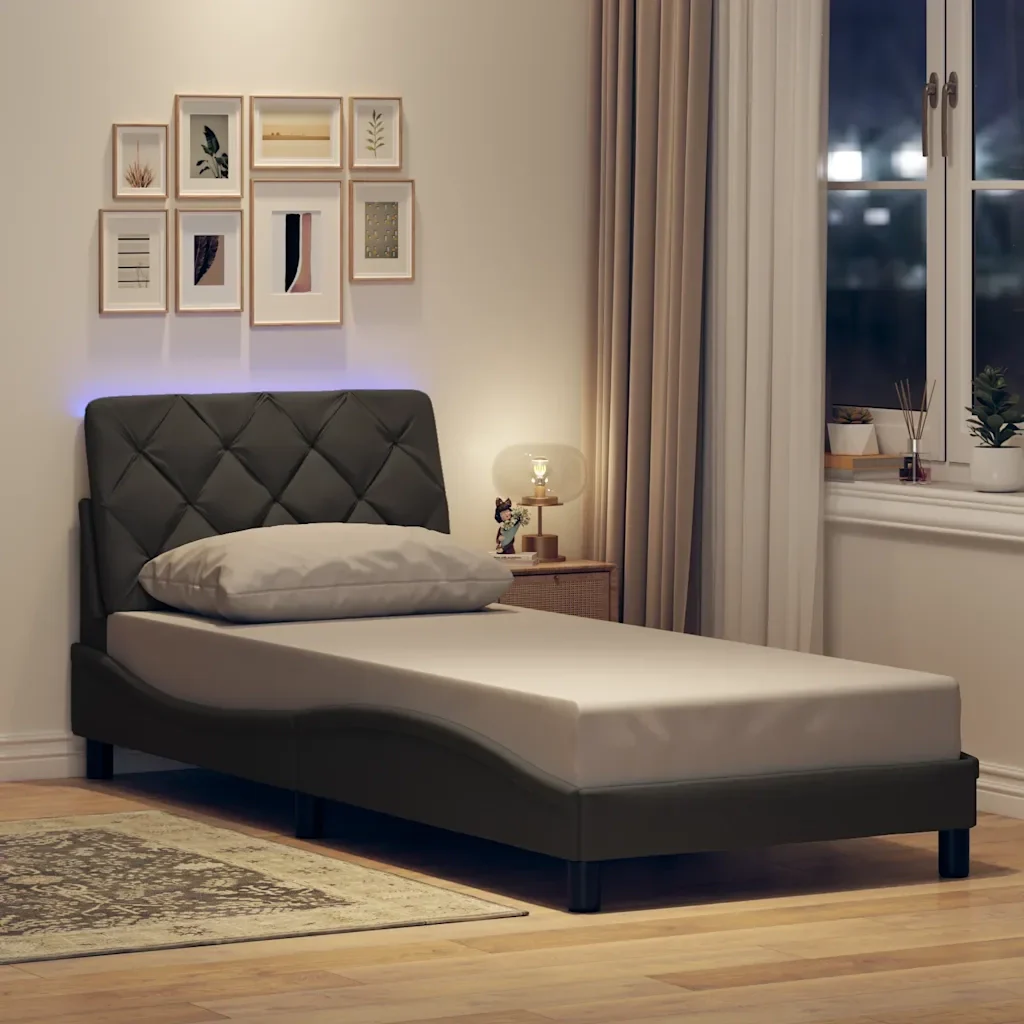 Letto singolo | Letto per adulti | Giroletto con LED senza Materasso Grigio Scuro 90x190cm Tessuto - Image 2