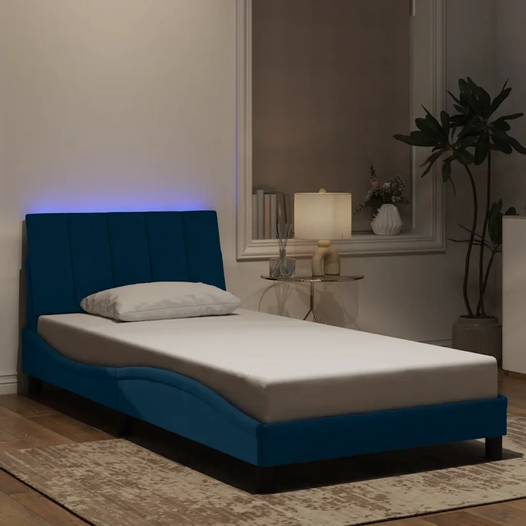 Letto singolo | Letto per adulti | Giroletto con LED senza Materasso Hanko Blu 100x200 cm in Velluto - Image 2