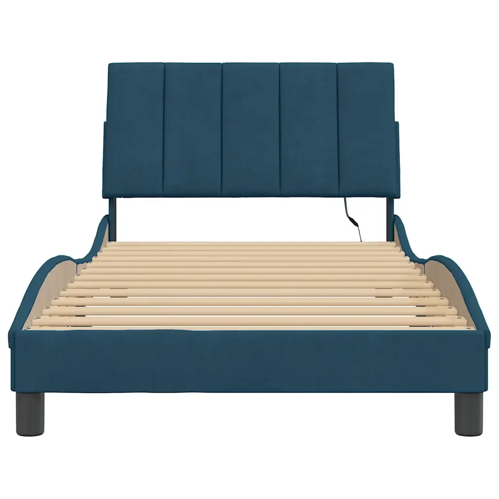 Letto singolo | Letto per adulti | Giroletto con LED senza Materasso Hanko Blu 100x200 cm in Velluto - Image 6
