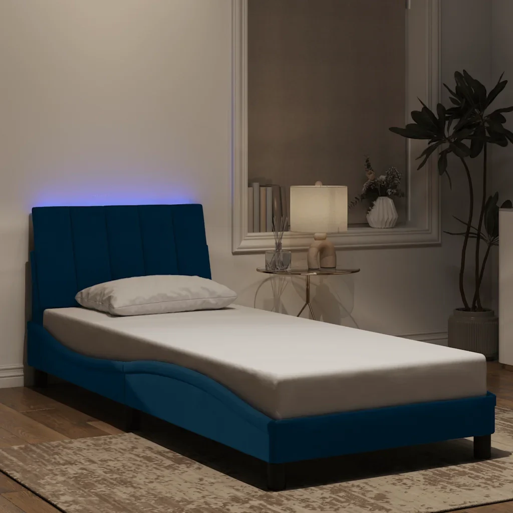 Letto singolo | Letto per adulti | Giroletto con LED senza Materasso Hanko Blu 80x200 cm in Velluto - Image 2