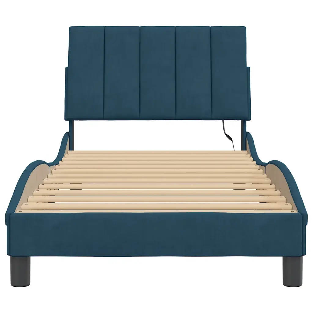 Letto singolo | Letto per adulti | Giroletto con LED senza Materasso Hanko Blu 80x200 cm in Velluto - Image 6
