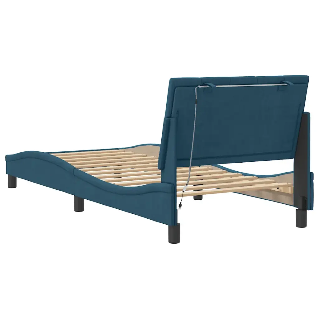 Letto singolo | Letto per adulti | Giroletto con LED senza Materasso Hanko Blu 90x190 cm in Velluto - Image 9