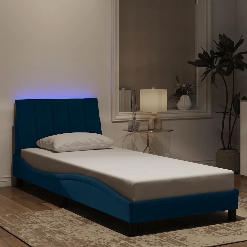 Letto singolo | Letto per adulti | Giroletto con LED senza Materasso Hanko Blu 90x200 cm in Velluto - Image 2