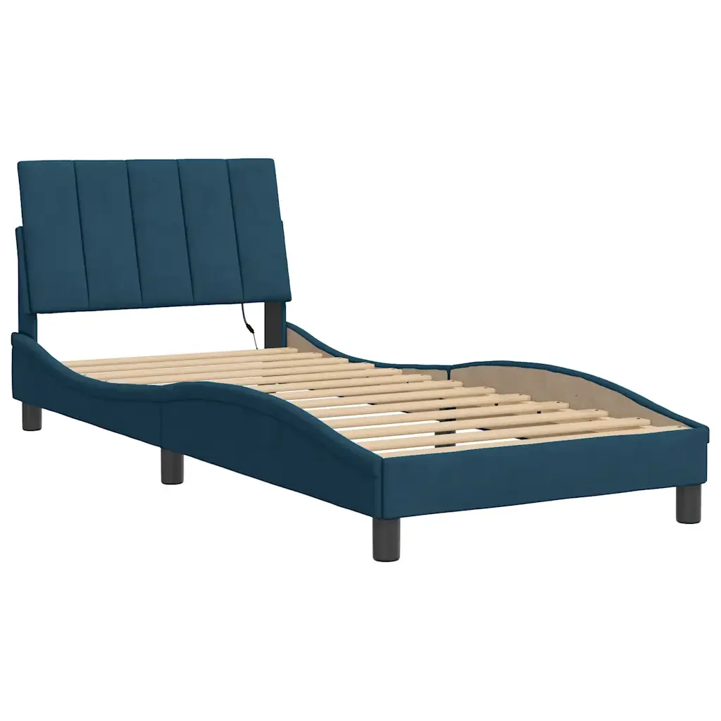 Letto singolo | Letto per adulti | Giroletto con LED senza Materasso Hanko Blu 90x200 cm in Velluto - Image 3