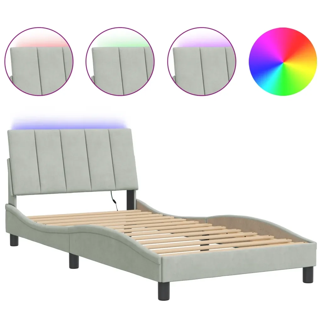 Letto singolo | Letto per adulti | Giroletto con LED senza Materasso Hanko Grigio Chiaro 100x200 cm in Velluto
