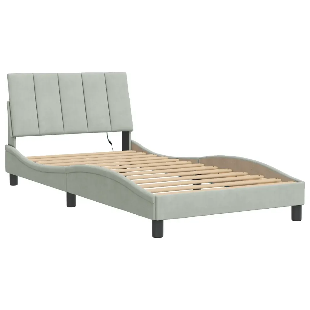 Letto singolo | Letto per adulti | Giroletto con LED senza Materasso Hanko Grigio Chiaro 100x200 cm in Velluto - Image 4