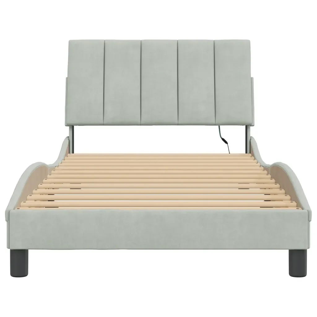 Letto singolo | Letto per adulti | Giroletto con LED senza Materasso Hanko Grigio Chiaro 100x200 cm in Velluto - Image 6
