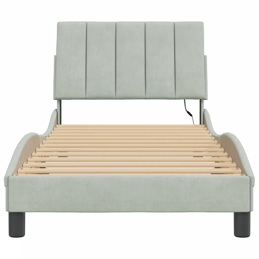 Letto singolo | Letto per adulti | Giroletto con LED senza Materasso Hanko Grigio Chiaro 80x200 cm in Velluto - Image 6