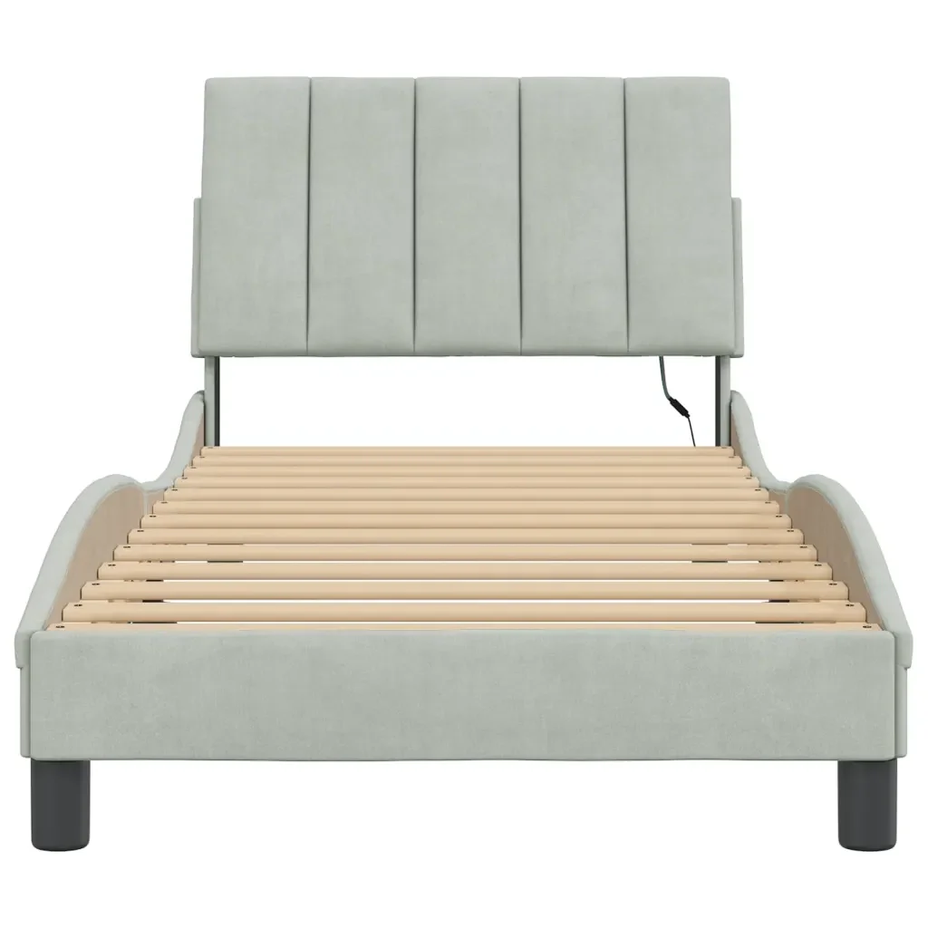 Letto singolo | Letto per adulti | Giroletto con LED senza Materasso Hanko Grigio Chiaro 90x190 cm in Velluto - Image 6