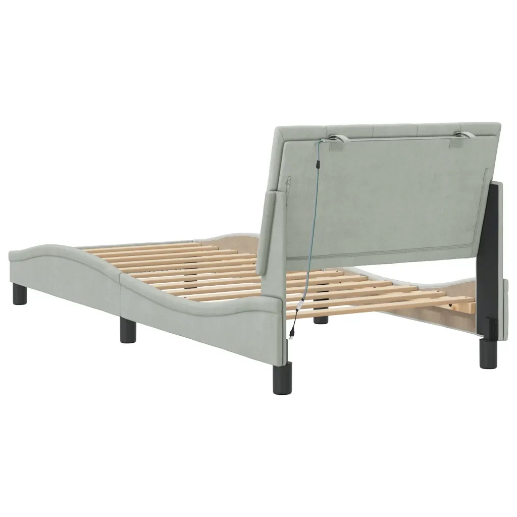 Letto singolo | Letto per adulti | Giroletto con LED senza Materasso Hanko Grigio Chiaro 90x190 cm in Velluto - Image 8