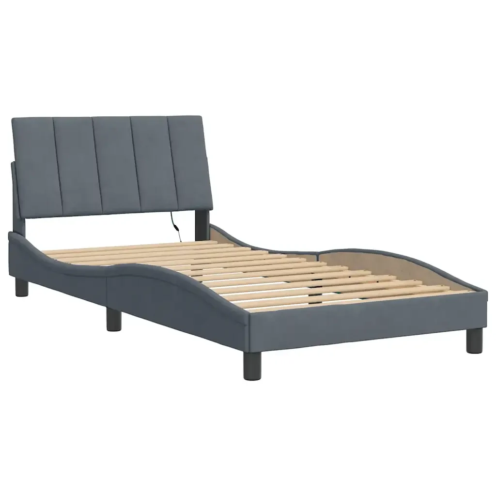 Letto singolo | Letto per adulti | Giroletto con LED senza Materasso Hanko Grigio Scuro 100x200 cm in Velluto - Image 4
