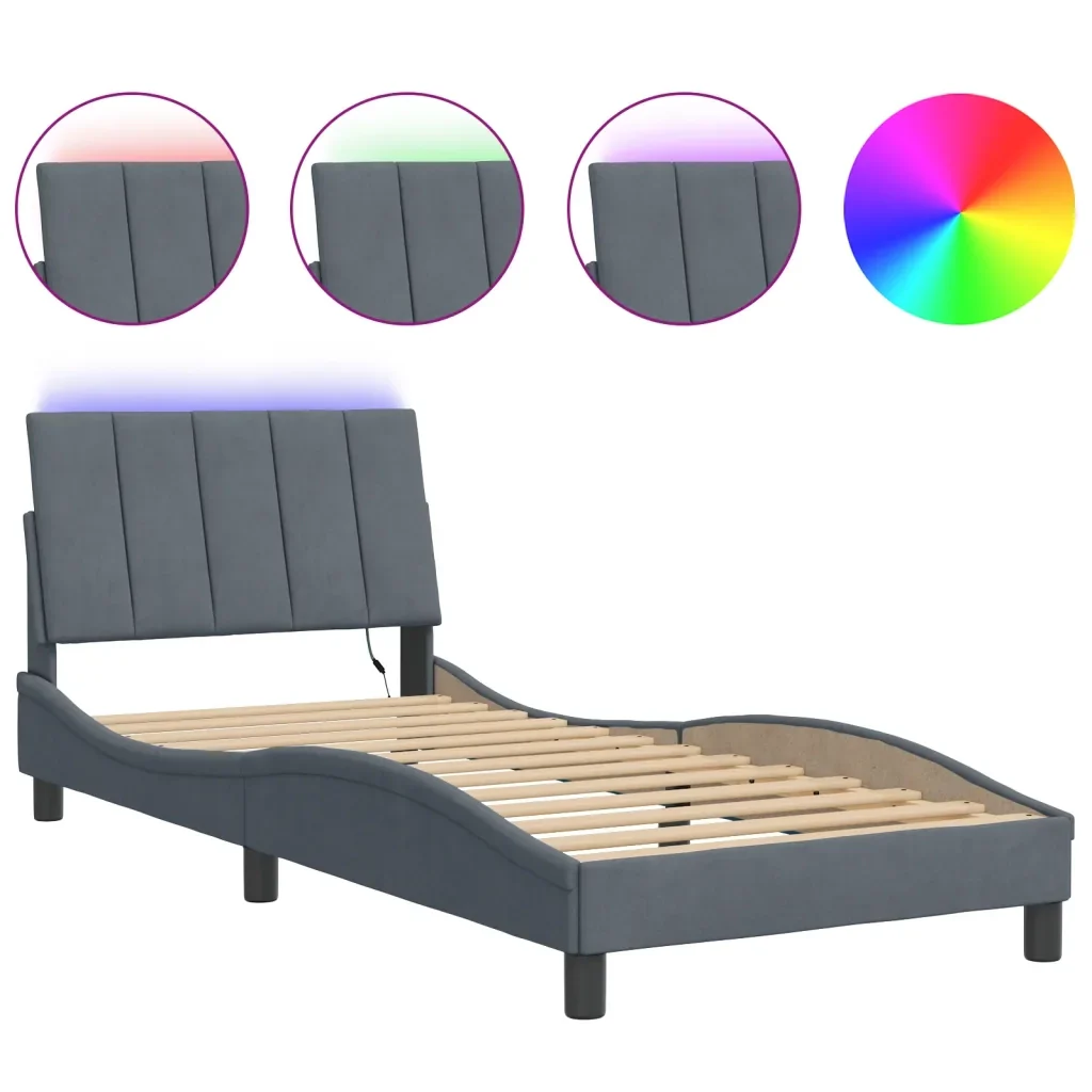 Letto singolo | Letto per adulti | Giroletto con LED senza Materasso Hanko Grigio Scuro 80x200 cm in Velluto