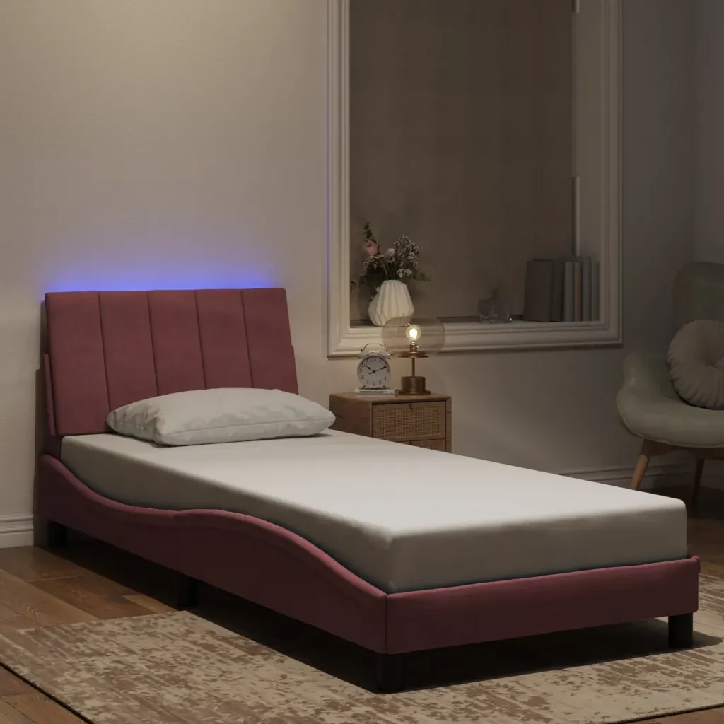 Letto singolo | Letto per adulti | Giroletto con LED senza Materasso Hanko Rosa 80x200 cm in Velluto - Image 2