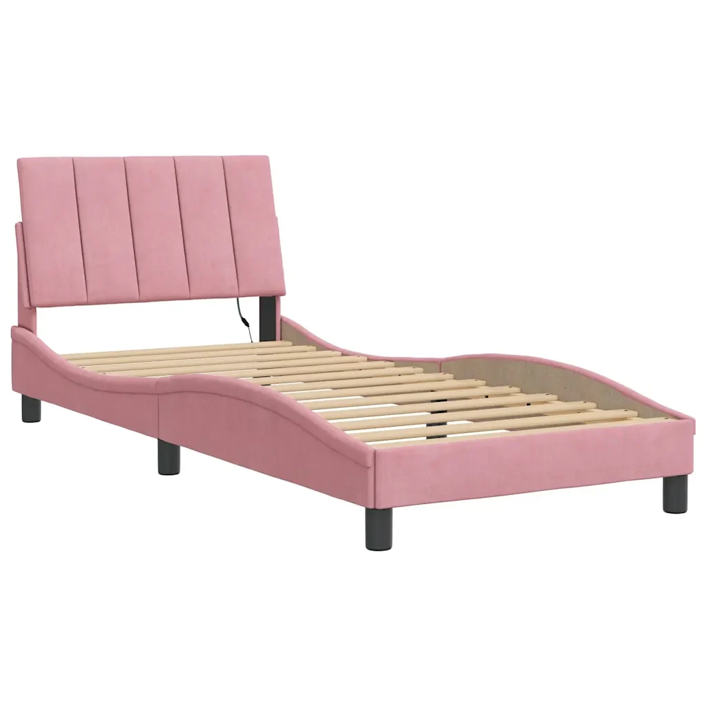 Letto singolo | Letto per adulti | Giroletto con LED senza Materasso Hanko Rosa 90x190 cm in Velluto - Image 4