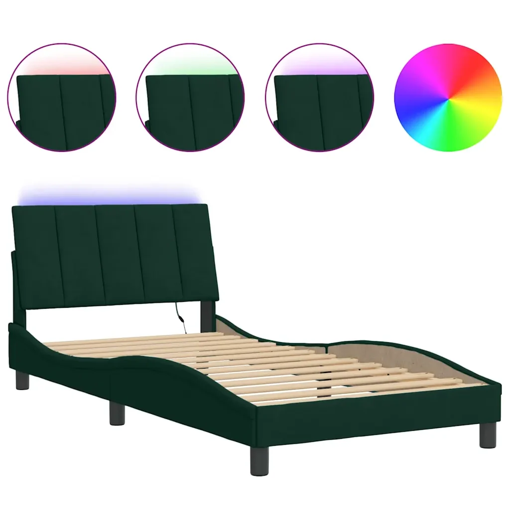 Letto singolo | Letto per adulti | Giroletto con LED senza Materasso Hanko Verde Scuro 100x200 cm in Velluto