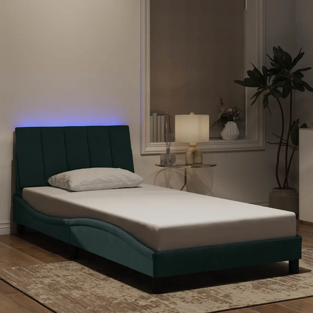 Letto singolo | Letto per adulti | Giroletto con LED senza Materasso Hanko Verde Scuro 100x200 cm in Velluto - Image 2