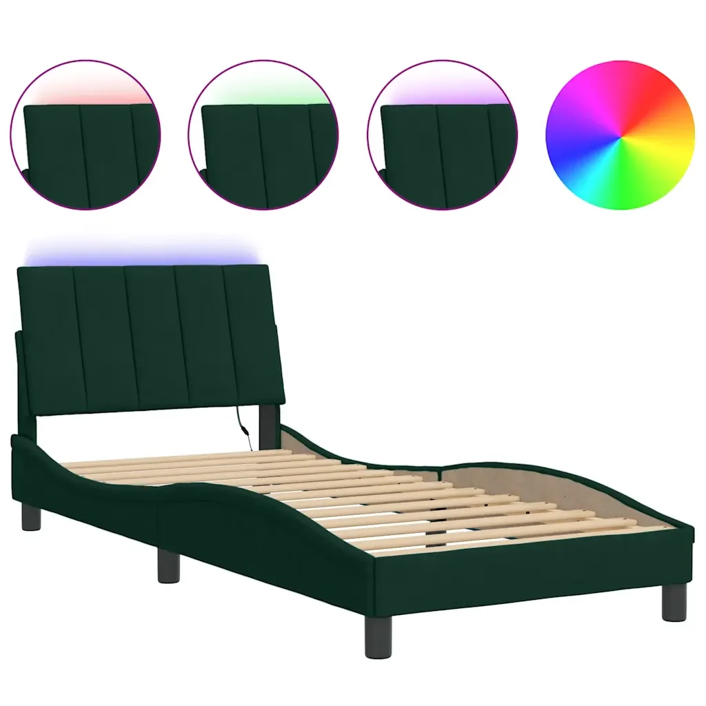 Letto singolo | Letto per adulti | Giroletto con LED senza Materasso Hanko Verde Scuro 80x200 cm in Velluto