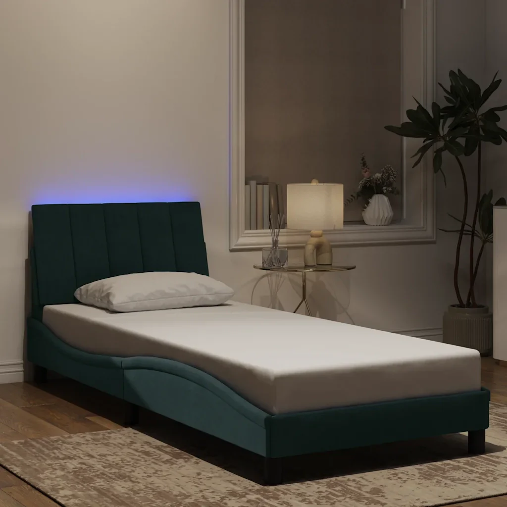 Letto singolo | Letto per adulti | Giroletto con LED senza Materasso Hanko Verde Scuro 90x200 cm in Velluto - Image 2