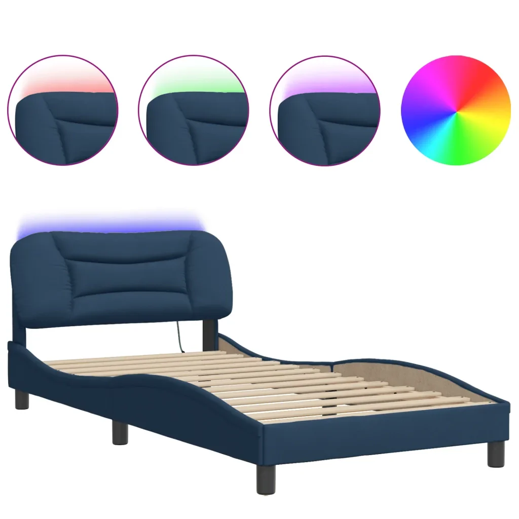 Letto singolo | Letto per adulti | Giroletto con LED senza Materasso Hvar Blu 100x200 cm in Tessuto