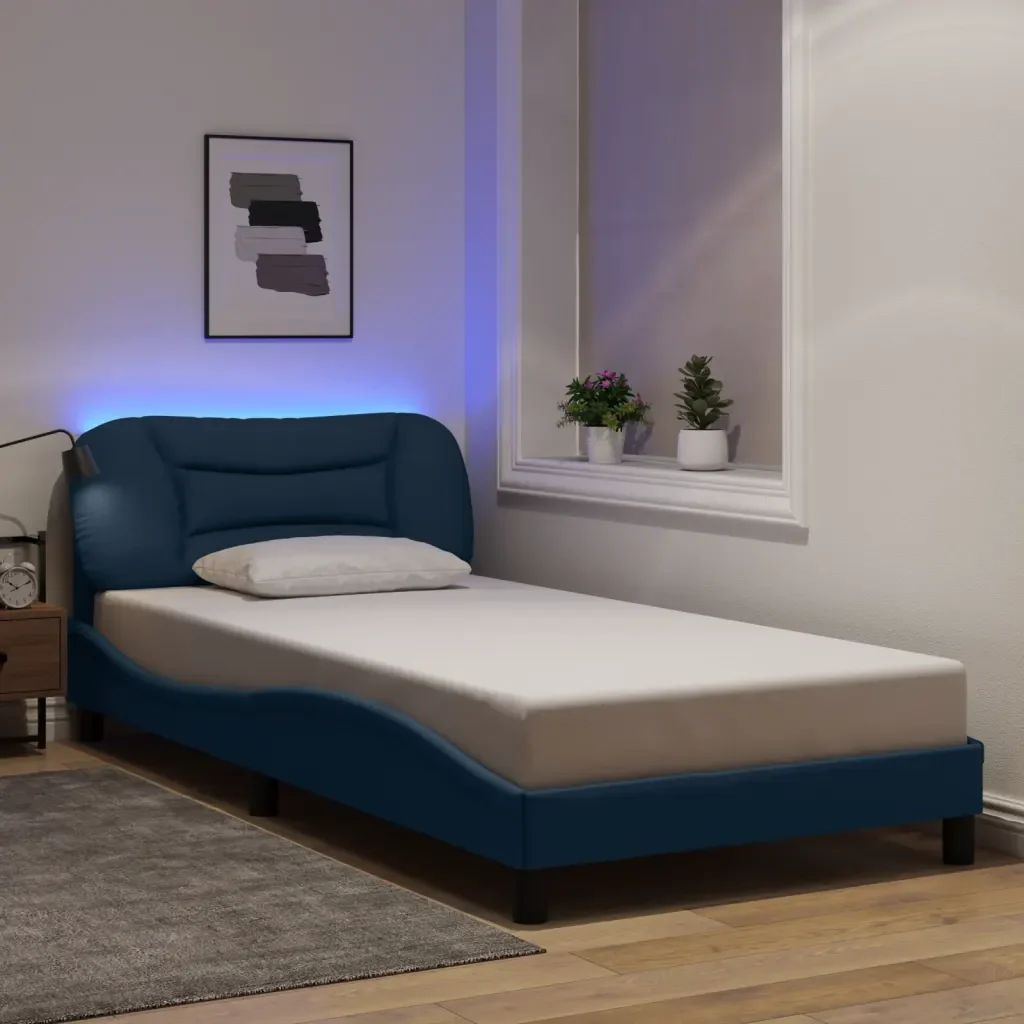 Letto singolo | Letto per adulti | Giroletto con LED senza Materasso Hvar Blu 100x200 cm in Tessuto - Image 2