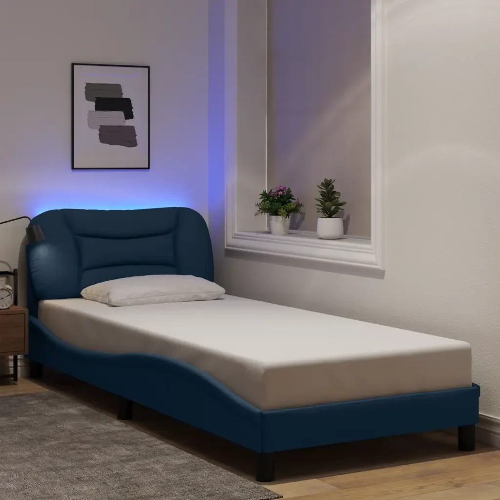 Letto singolo | Letto per adulti | Giroletto con LED senza Materasso Hvar Blu 90x200 cm in Tessuto - Image 2
